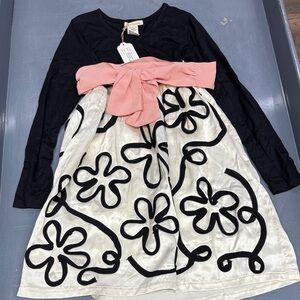 Black and White Floral Kids Dress with Pink Sash